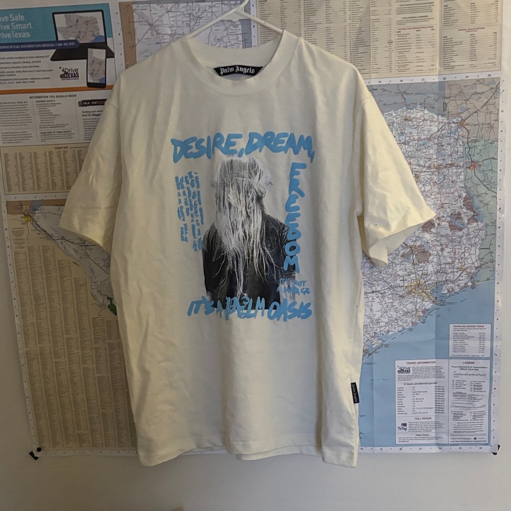Palm Angels Cream Tee with Blue Graphic